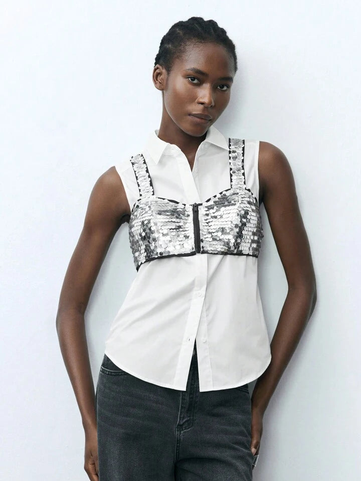 CM-TS313100 Women Casual Seoul Style Beaded Spaghetti Strap Top And Tank Blouse - Set