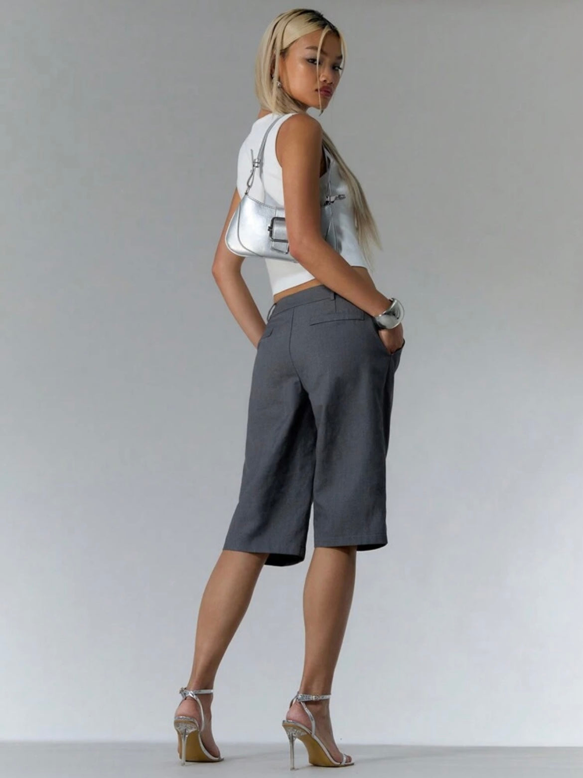 CM-BS189787 Women Casual Seoul Style Drop Waist Woven Tailored Longline Shorts - Gray