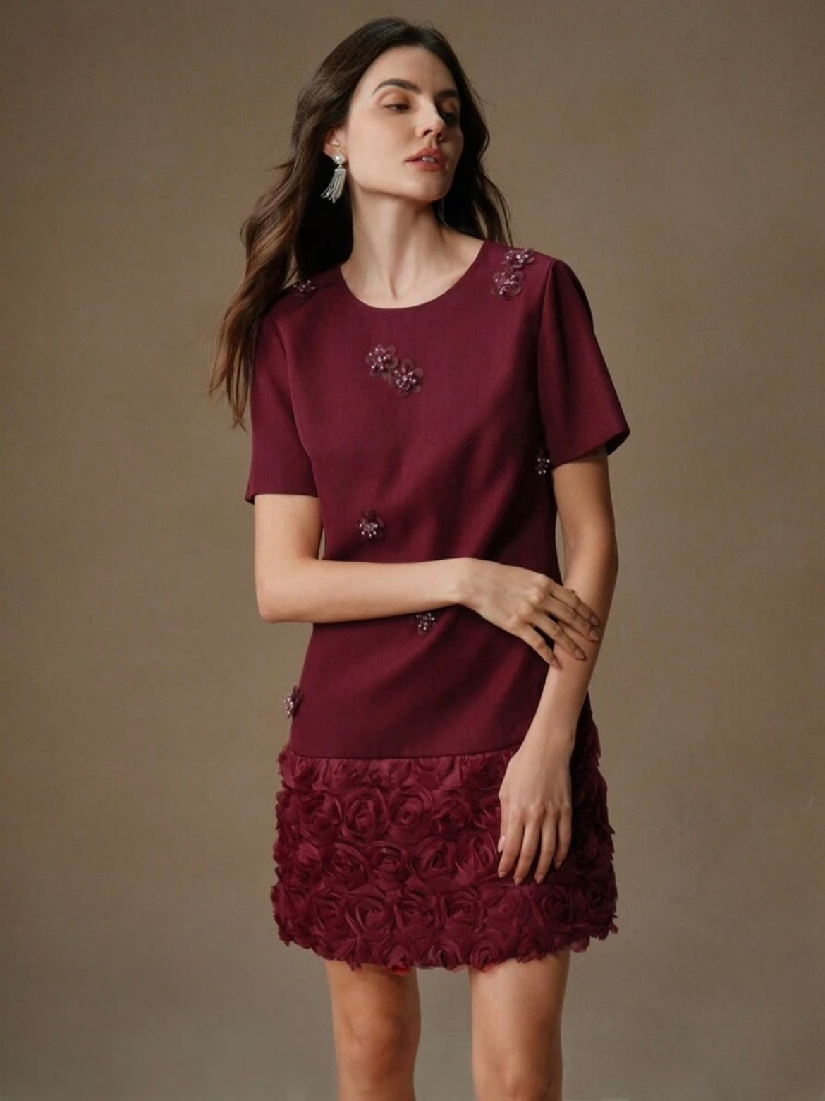 CM-DS620220 Women Elegant Seoul Style Round Neck Short Patchwork Rose Sequin Dress - Burgundy