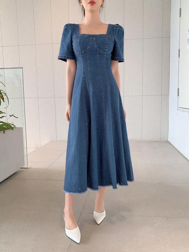 CM-DS600208 Women Casual Seoul Style Square Neckline Puff Sleeve Frayed Hem Denim Dress - Blue