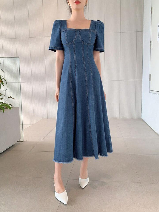 CM-DS600208 Women Casual Seoul Style Square Neckline Puff Sleeve Frayed Hem Denim Dress - Blue