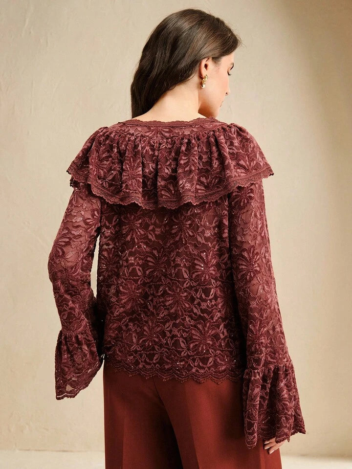 CM-TS377738 Women Elegant Seoul Style V-Neck Velvet Lace Ruffle Trim Long Sleeve Blouse - Burgundy