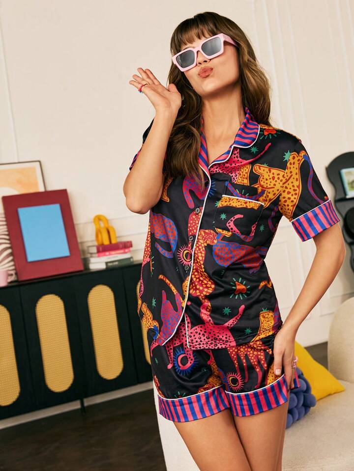 Women's Clothing Leopard Print Pj Set Shorts Loungeable Pink