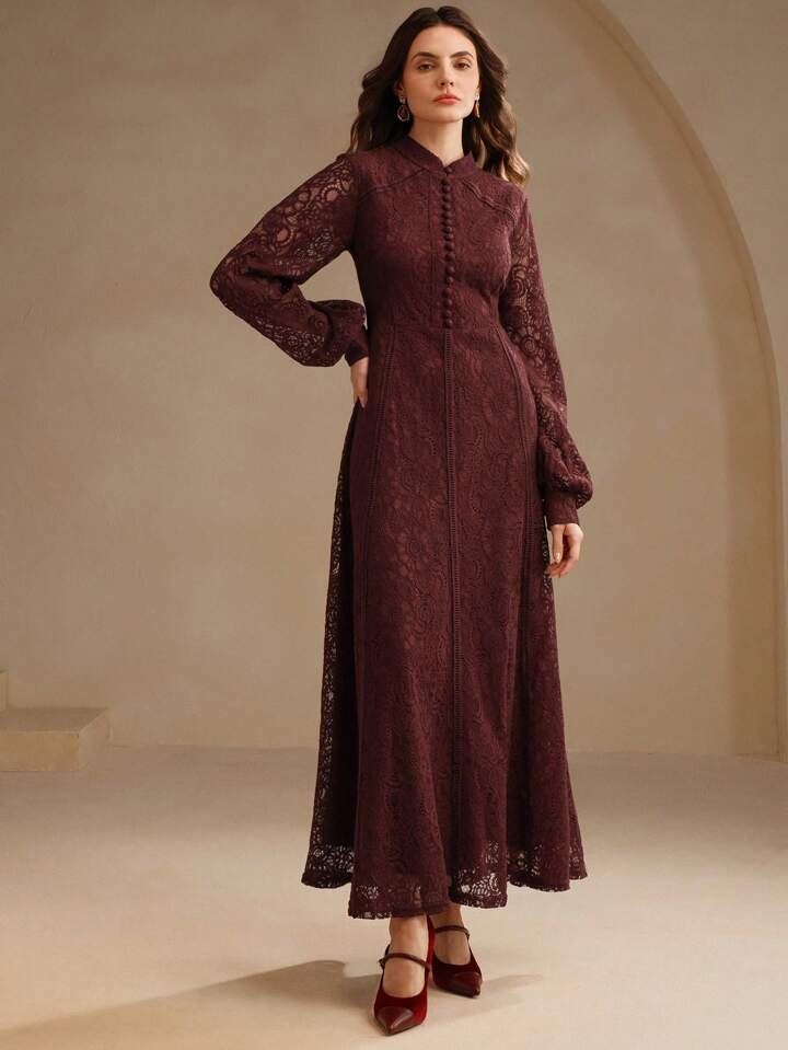CM-DS163124 Women Elegant Seoul Style Lace Mandarin Collar Long Sleeve A-Line Dress - Burgundy