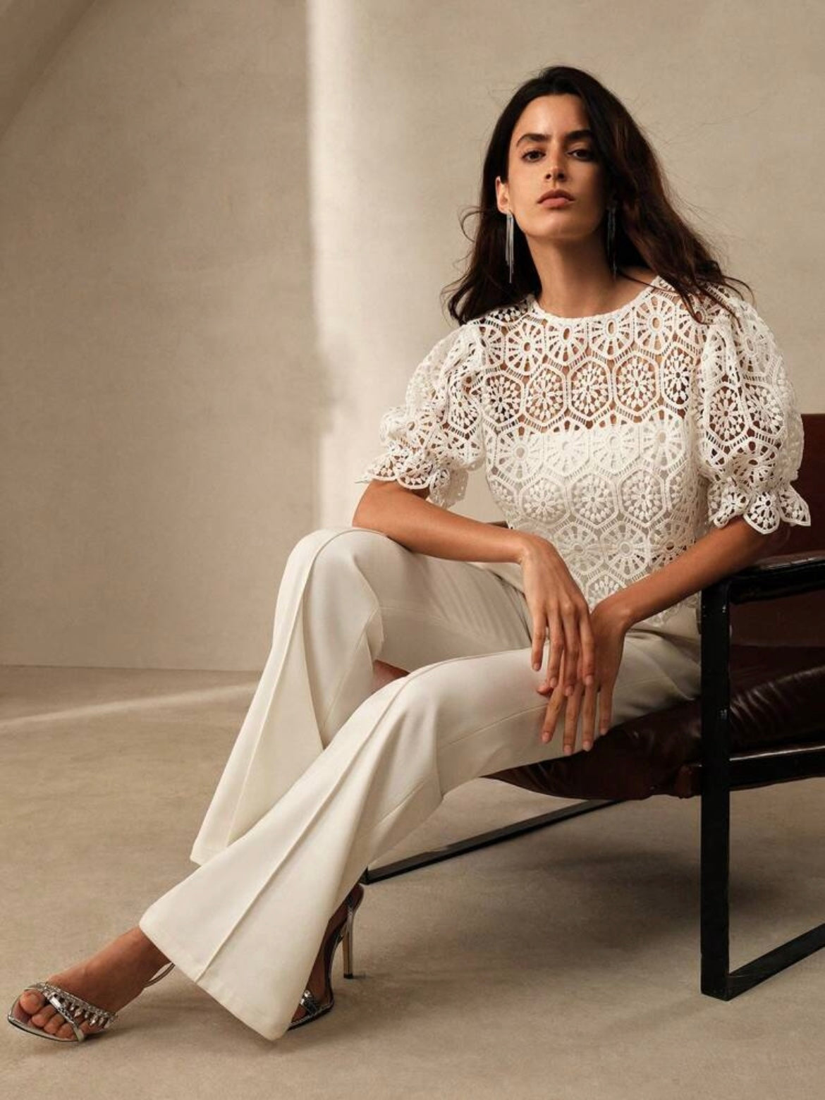 CM-TS118087 Women Elegant Seoul Style Lace Gathered Waist Lantern Sleeve Top - White