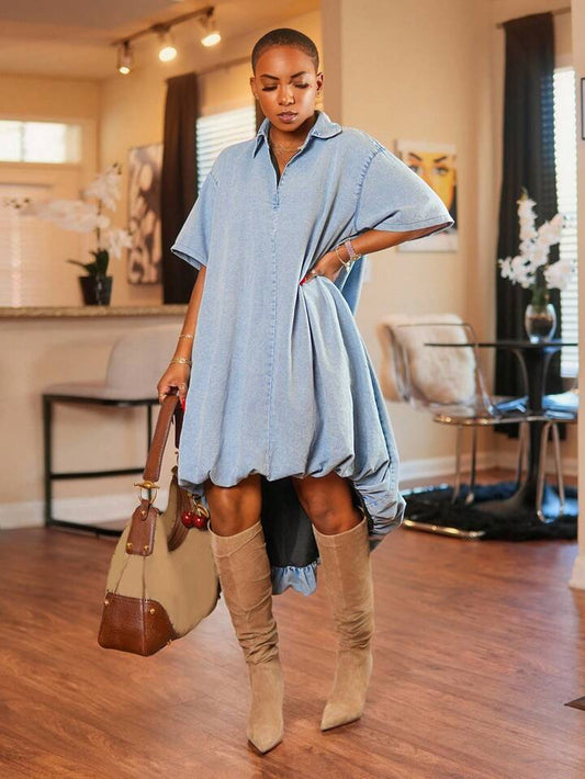 CM-DS896750 Women Casual Seoul Style Collar Neckline Short Sleeve Asymmetrical Denim Dress - Blue
