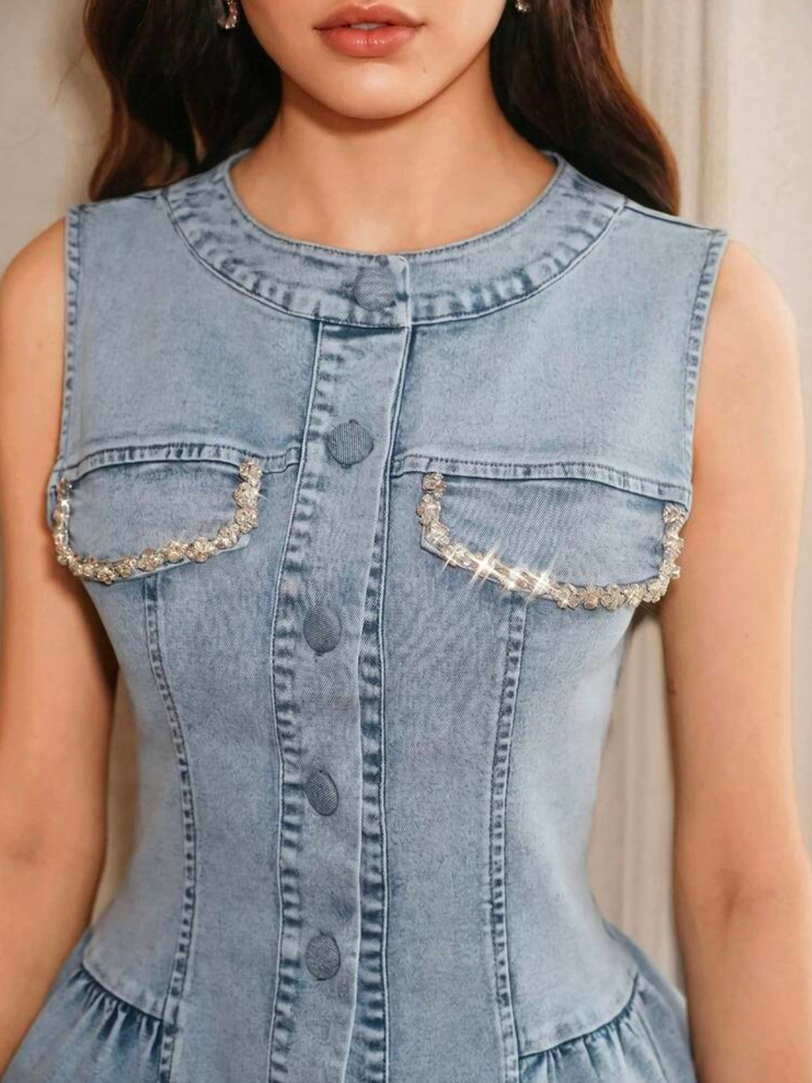 CM-SS572201 Women Elegant Seoul Style Round Neck Sleeveless Beaded Denim Camisole With Long Pants -Set