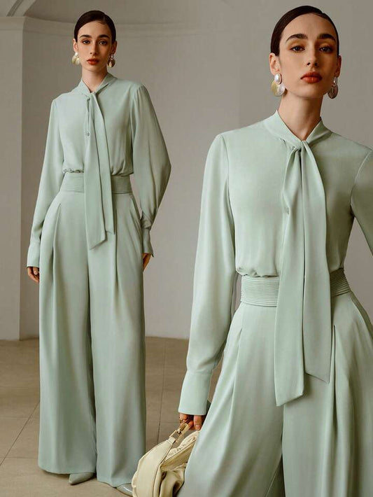 CM-JS504080 Women Elegant Seoul Style Ribbon Collar Rhinestone Buttons Chiffon Long Sleeve Jumpsuit - Mint Green