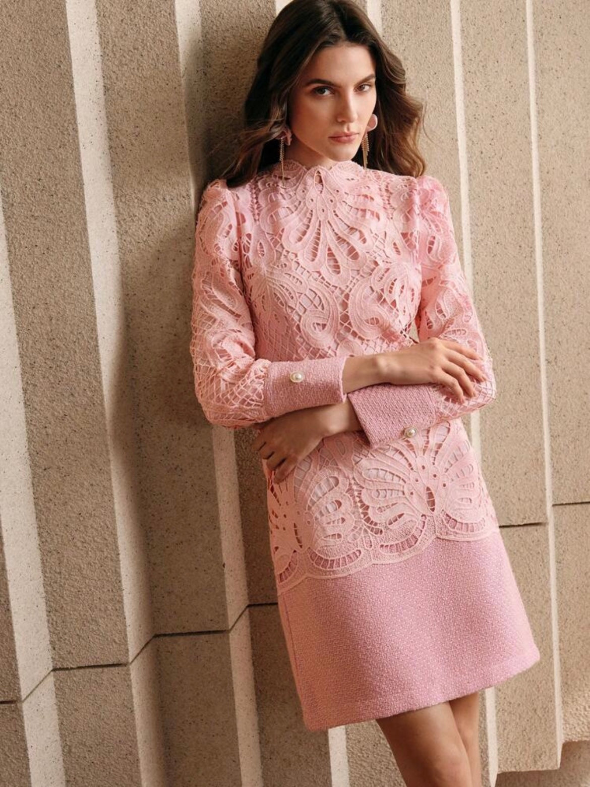 CM-DS111105 Women Elegant Seoul Style Stand Collar Long Sleeve Lace Patchwork Cheongsam Dress - Pink