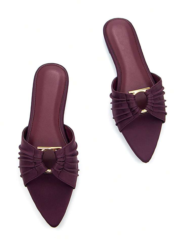CM-SHS538830 Women Trendy Seoul Style Gold Metal Buckle Ruched Accent Pointed Toe Flat Mule Sandals - Burgundy