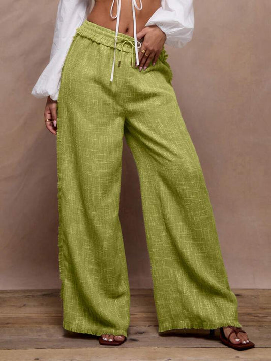 CM-BS684418 Women Trendy Bohemian Style Linen Fray Trim Wide Leg Trouser