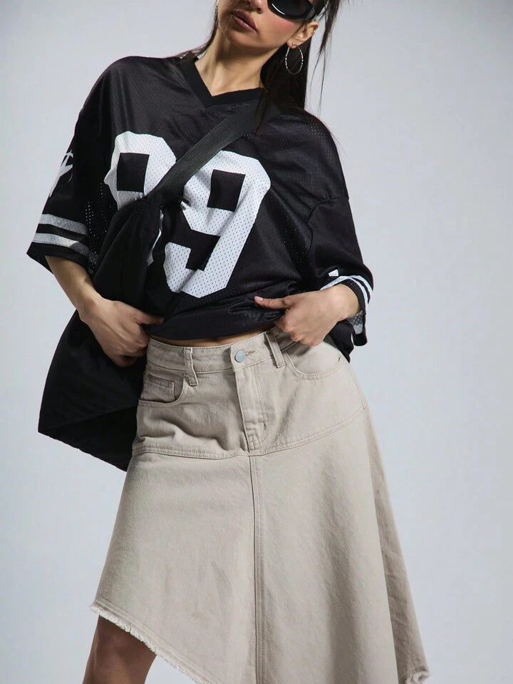 CM-BS855548 Women Casual Seoul Style Asymmetric Hem Midi Denim Skirt - Camel