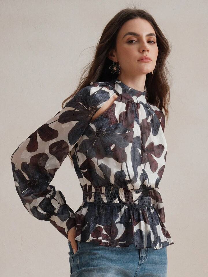 CM-TS475554 Women Elegant Seoul Style Stand Collar Long Sleeve Hollow-Out Fitted Floral Print Blouse