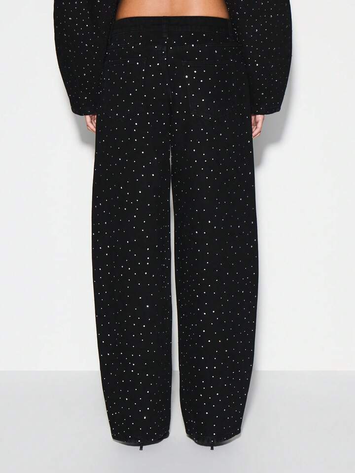 CM-BS147229 Women Casual Seoul Style Baggy High Rise Wide Leg Embellished Rhinestone Details Jeans - Black