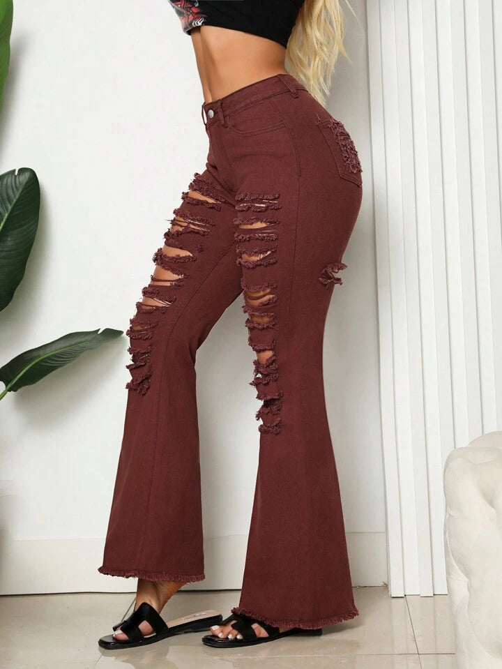 CM-BS567564 Women Casual Seoul Style Pocket Distressed Skinny Flared Jeans - Burgundy