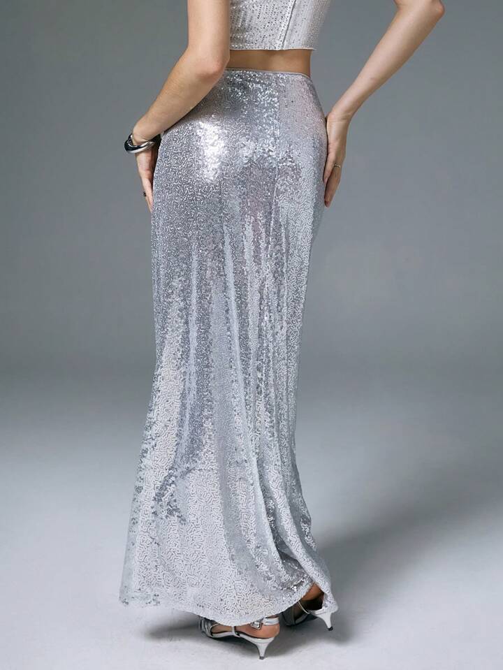 CM-BS292770 Women Elegant Seoul Style Drop Waist Sequined A-Line Maxi Skirt - Silver
