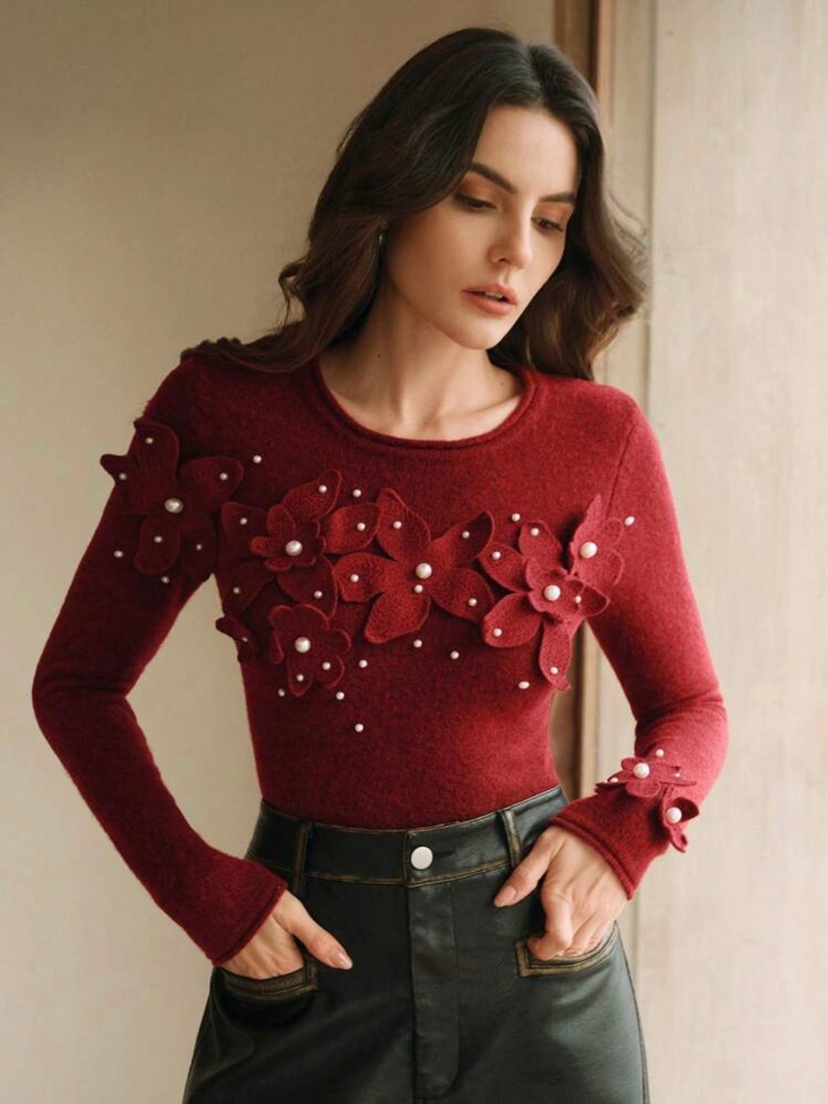 CM-CS786989 Women Casual Seoul Style Crochet Beaded Crew Neck Layer T-Shirt - Red