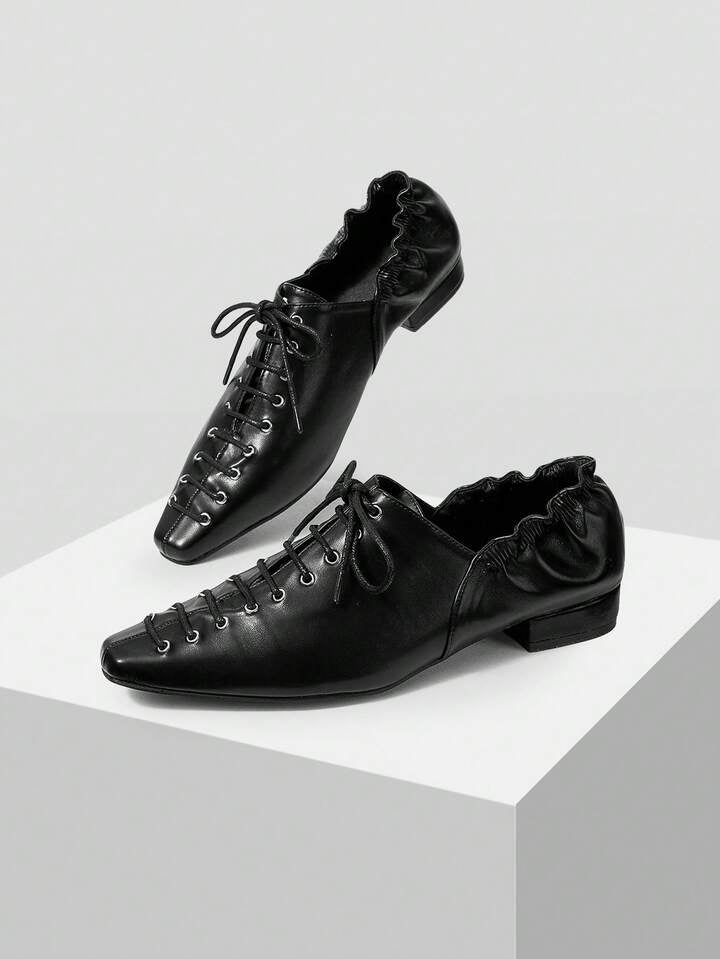 CM-SHS608445 Women Trendy Seoul Style Pointed Toe Criss-Cross Strap Low Heel Flats - Black