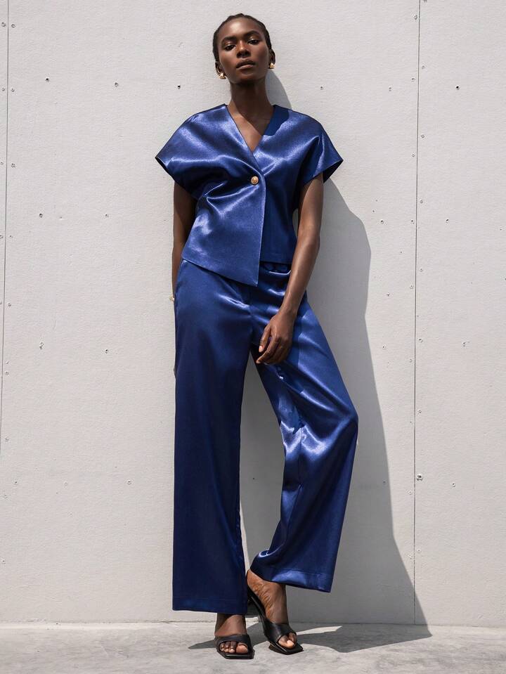 CM-SS792864 Women Elegant Seoul Style Silky Satin One-Button Short Sleeve Blouse With Straight Leg Pants - Set
