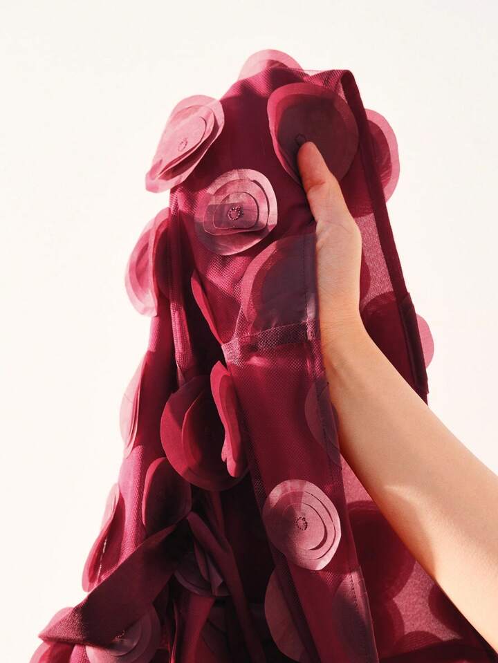 CM-TS210056 Women Elegant Seoul Style Bow 3D Circular Pleated Design Long Sleeve Blouse - Burgundy