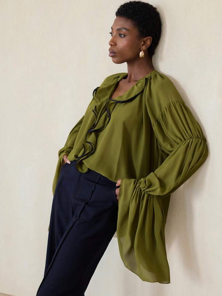 CM-TS564058 Women Elegant Seoul Style V-Neck Ruffle Trim Extra Long Sleeve Oversized Blouse