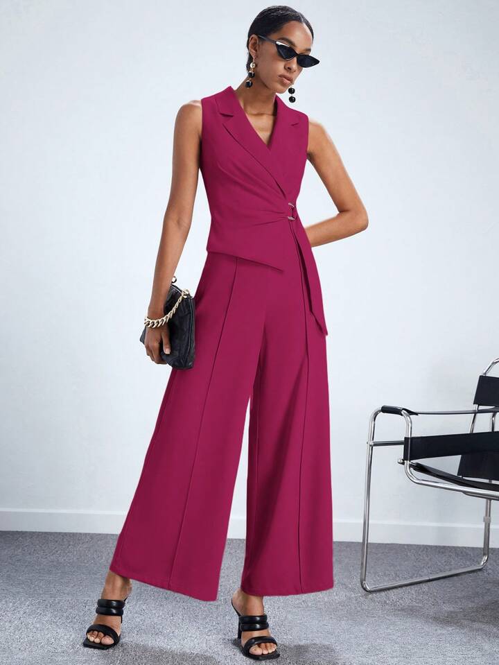 CM-JS558911 Women Elegant Seoul Style Lapel Neckline Sleeveless Wide Leg Jumpsuit - Hot Pink