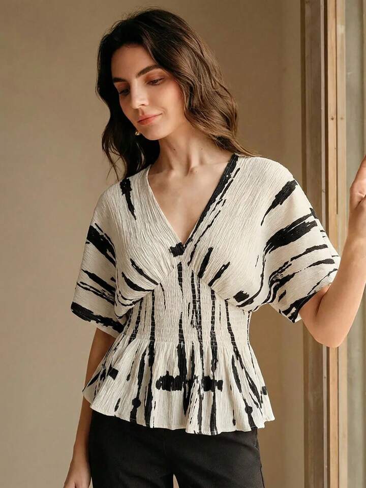 CM-TS534596 Women Elegant Seoul Style V-Neck Short Sleeve Ink Print Shirred Waist Blouse - Apricot