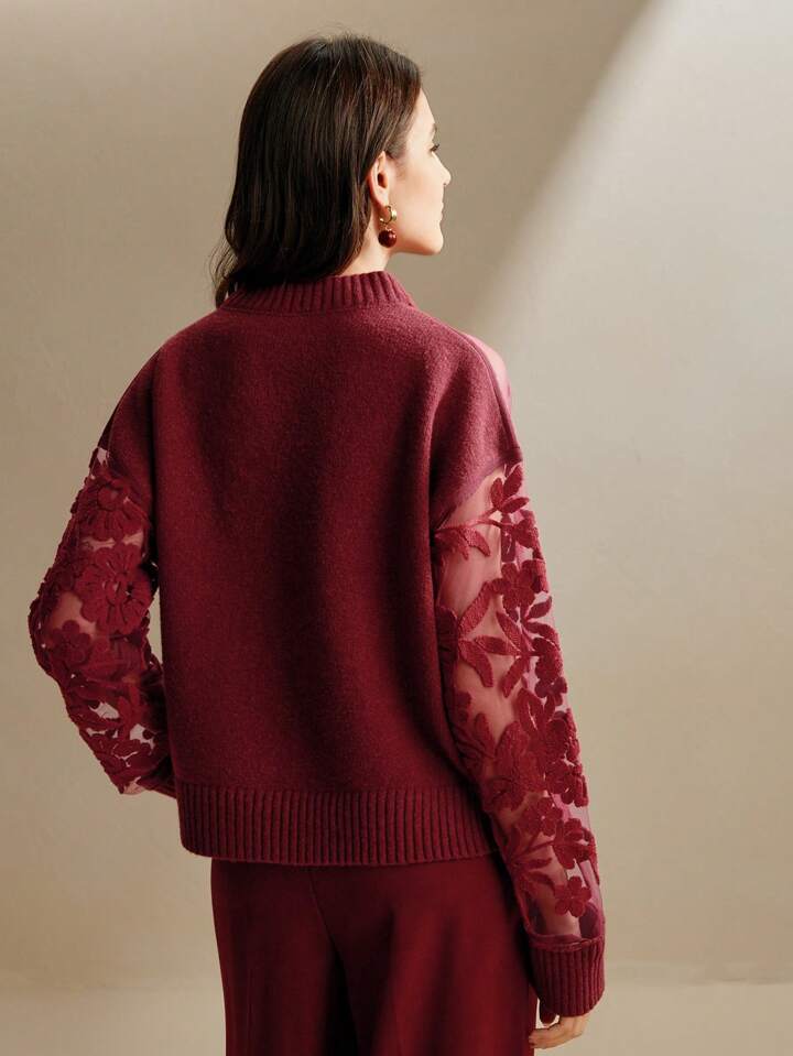 CM-CS301194 Women Casual Seoul Style Floral Pattern Round Neck Long Sleeve Knit Sweater - Burgundy