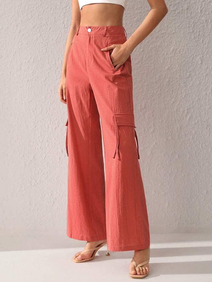 CM-BS279733 Women Trendy Bohemian Style Pocket Straigh-Legged Pants - Orange