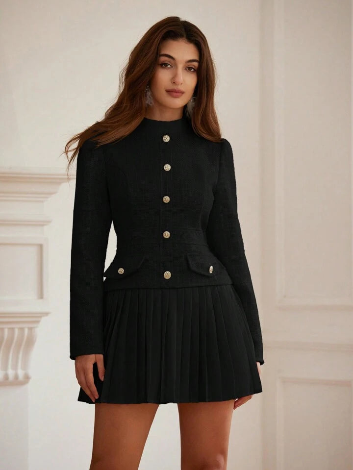 CM-DS651755 Women Elegant Seoul Style Waist Cinching Slimming Textured Patchwork Pleated Dress - Black