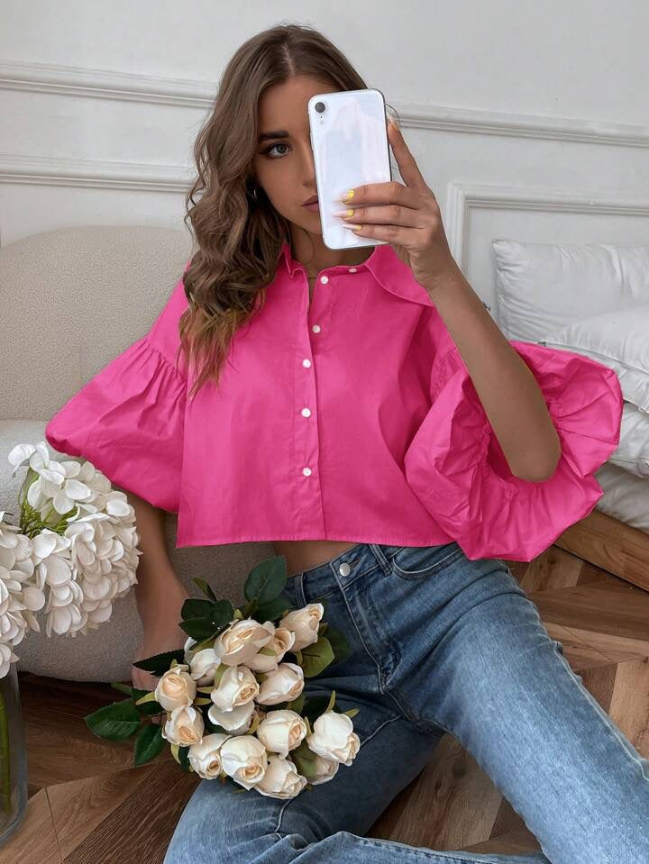 CM-TS063403 Women Casual Seoul Style Drop Bishop Sleeve Single Breasted Blouse - Hot Pink