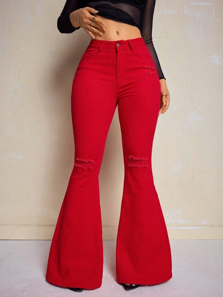 CM-BS413312 Women Casual Seoul Style Solid Color Frayed Hem Skinny Flared Jeans - Red
