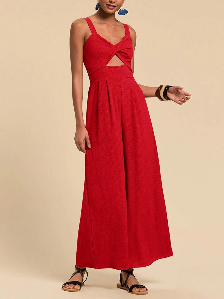 CM-JS765011 Women Trendy Bohemian Style Twist Front Cutout Cami Jumpsuit - Red