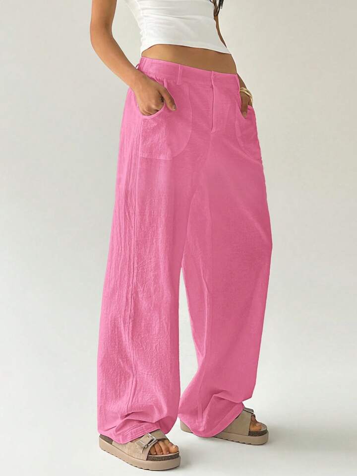 CM-BS234797 Women Casual Seoul Style Solid Color Low Waist Loose Straight Leg Pants - Pink