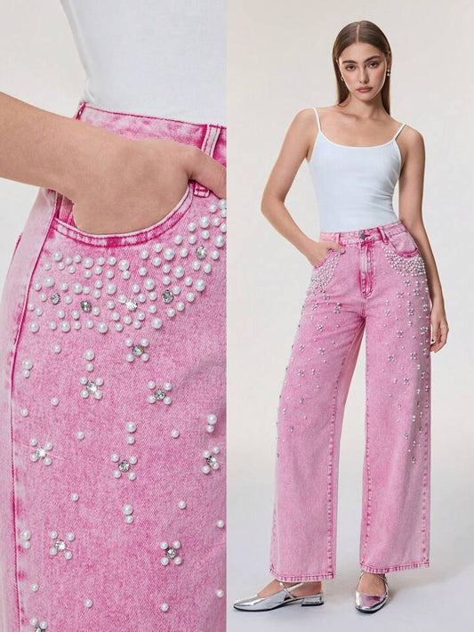 CM-BS416742 Women Casual Seoul Style Pearl Decor Pocket Wide Leg Loose Fit Jeans - Pink