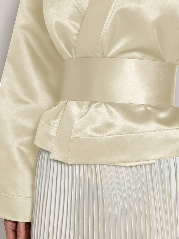 CM-TS832033 Women Elegant Seoul Style Solid Color V-Neck Wrap Flared Sleeve Blouse - Apricot