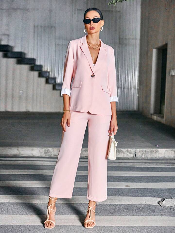 CM-SS822898 Women Elegant Seoul Style 3/4 Sleeve Lapel Blazer With Long Pants Suit - Pink