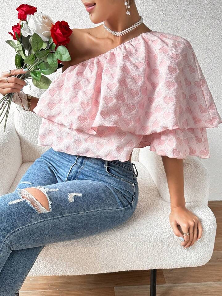 CM-TS298526 Women Casual Seoul Style Heart Shaped Design Oblique Shoulder Blouse