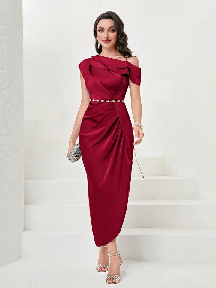 CM-DS660632 Women Elegant Seoul Style Asymmetric Neckline Waist-Cinched Ruffle Hem Dress