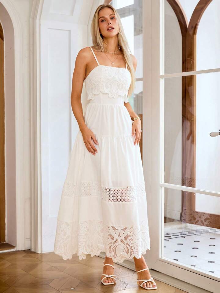CM-DS338494 Women Trendy Bohemian Style Spaghetti Strap Hollow Out Lace Dress - White
