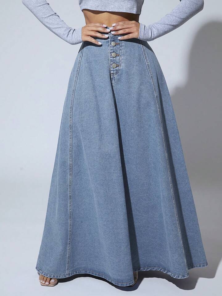 CM-BS877697 Women Casual Seoul Style Light Wash High Waist Button Front Extra Long Denim Skirt