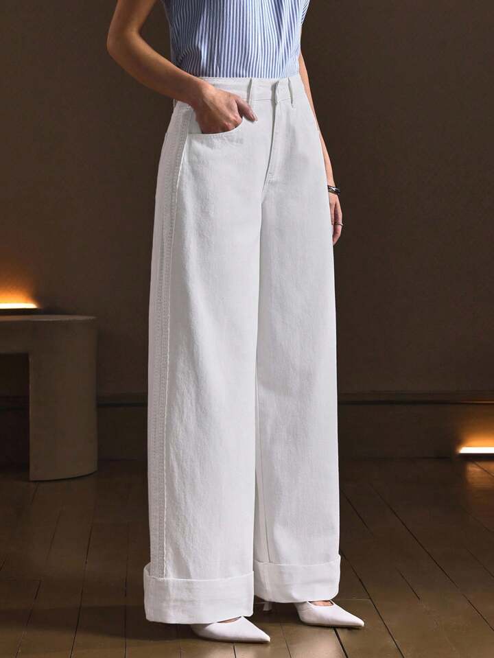 CM-BS517956 Women Casual Seoul Style Mid Waist Floral Lace Patchwork Straight Leg Jeans - White