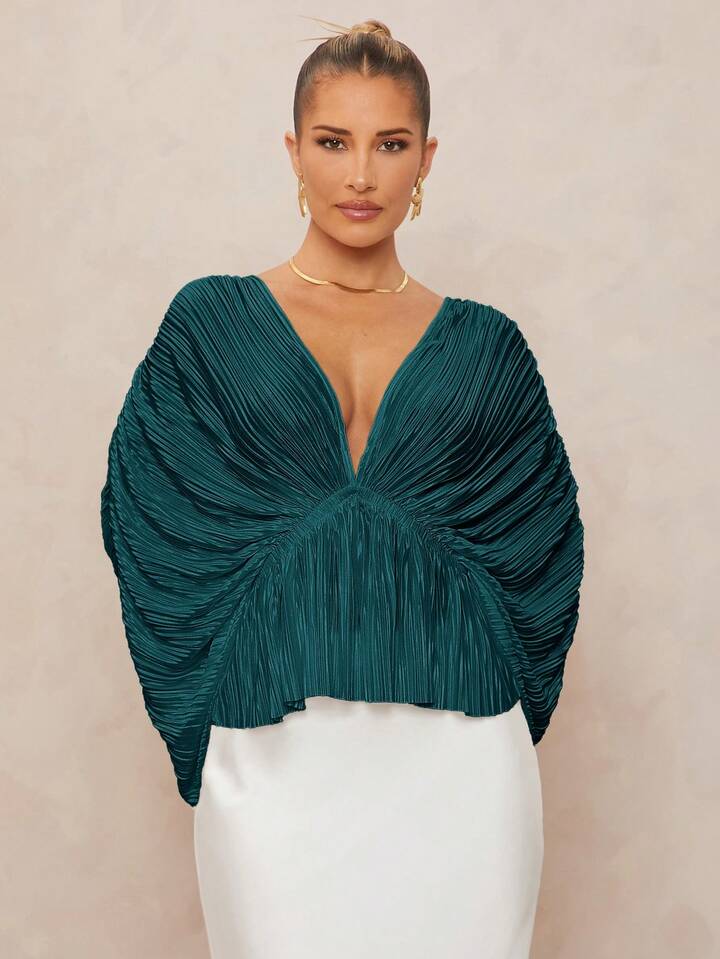 CM-TS230198 Women Elegant Seoul Style Deep V-Neck Long Sleeve Loose Fit Ruffled Hem  Oversized Blouse - Teal Blue