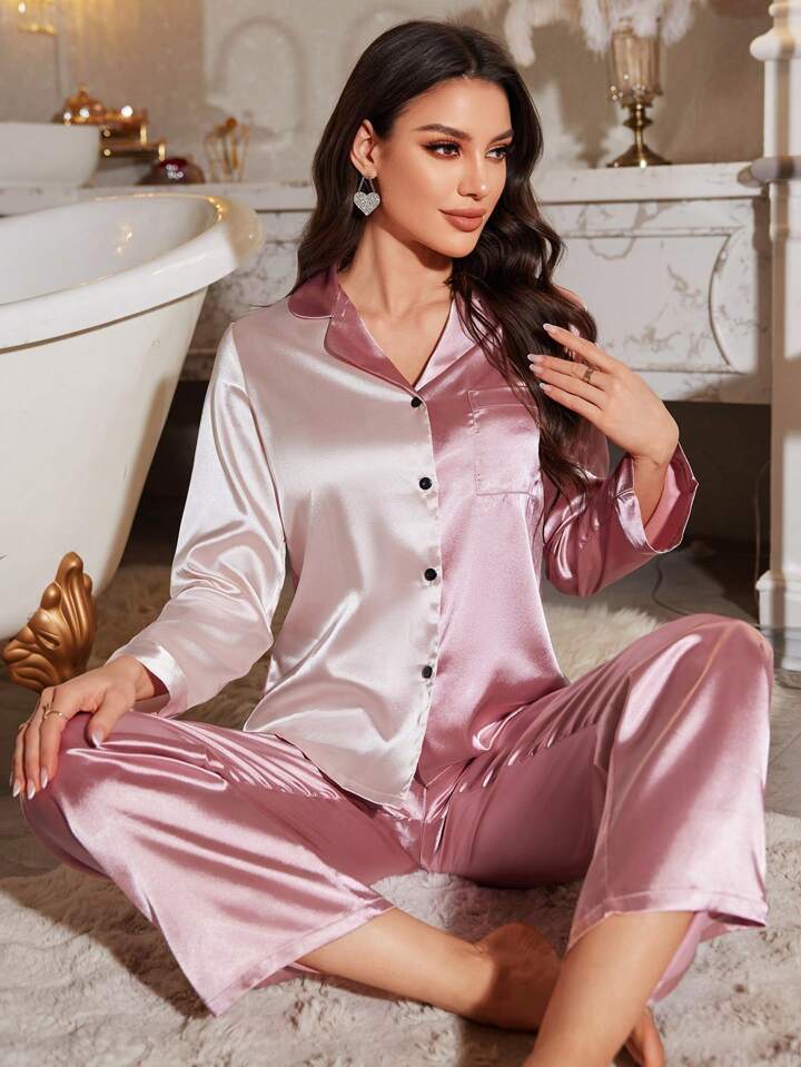 CM-LS727422 Women Trendy Seoul Style Color-Block Button-Front Ribbed Pajama Set - Pink