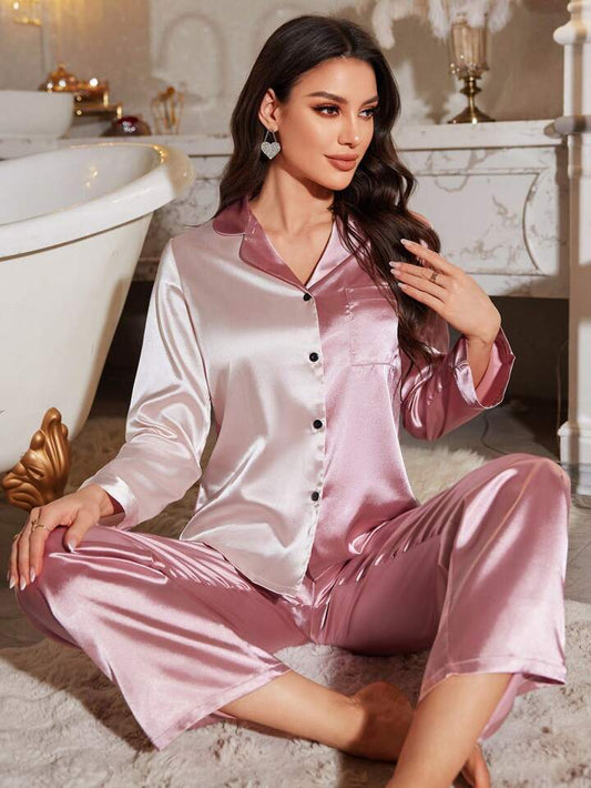 CM-LS727422 Women Trendy Seoul Style Color-Block Button-Front Ribbed Pajama Set - Pink