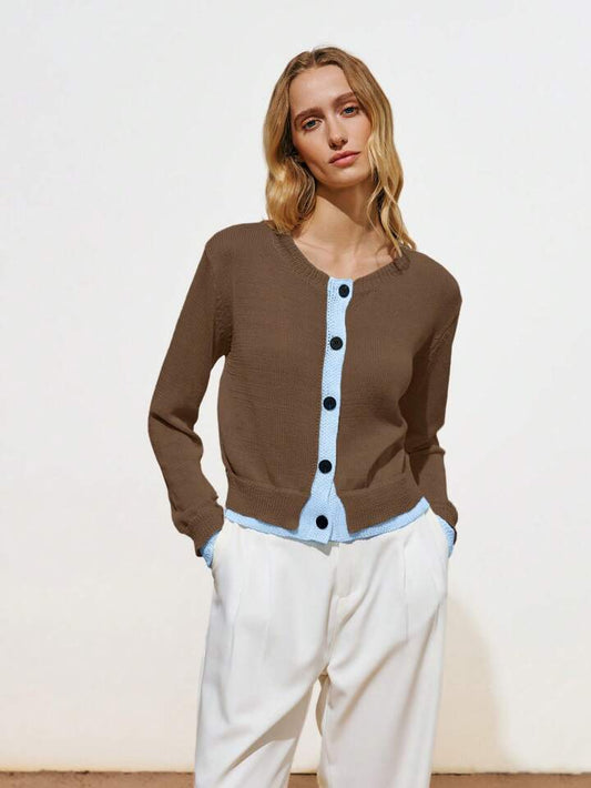 CM-CS960060 Women Casual Seoul Style Multi-Color Round Neck Faux Two-Piece Cardigan Sweater