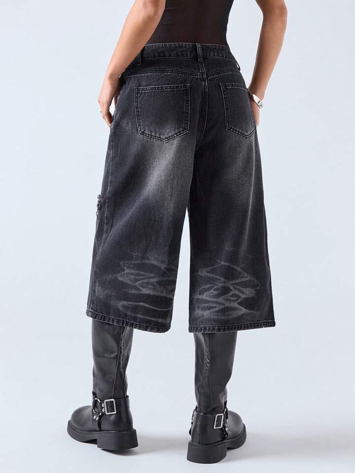 CM-BS714311 Women Casual Seoul Style Distressed Loose Fit Faded Ombre 7/8 Capri Denim Pants