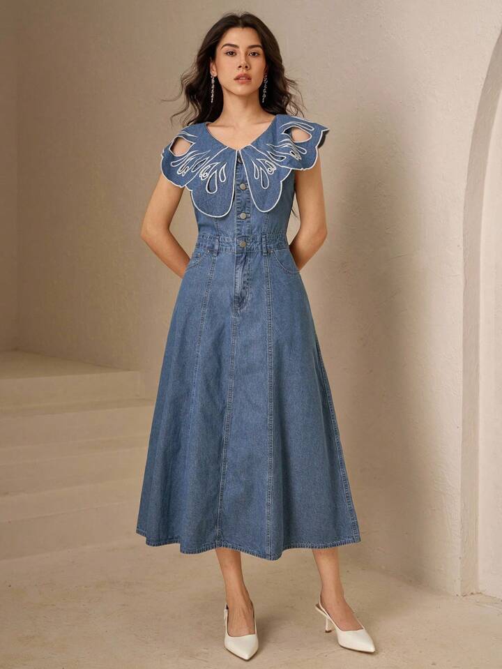 CM-DS084902 Women Elegant Seoul Style Light Wash Hollow Out V-Neck Collar Flounce Sleeve Denim Dress