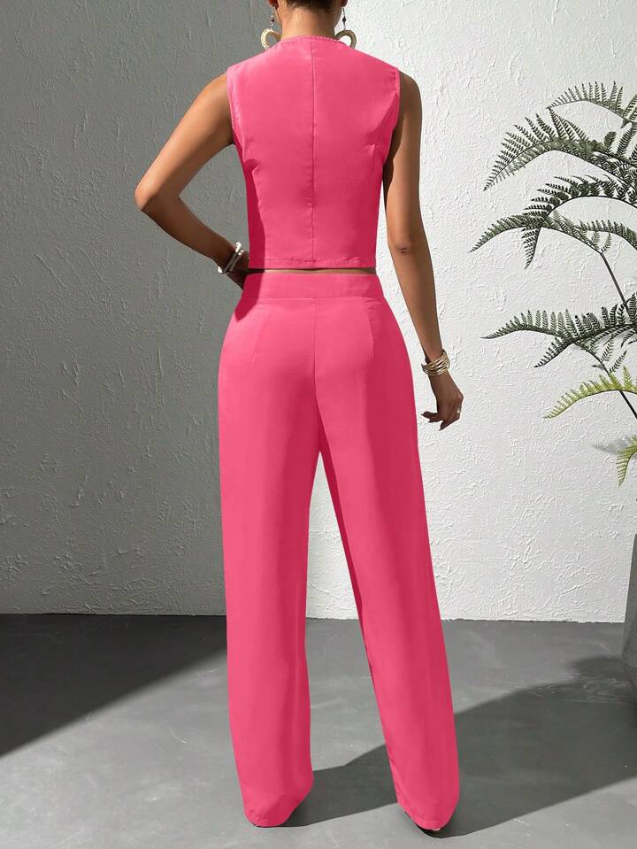 CM-SS665234 Women Elegant Seoul Style V-Neck Sleeveless Vest With Long Pants Suit - Watermelon Pink