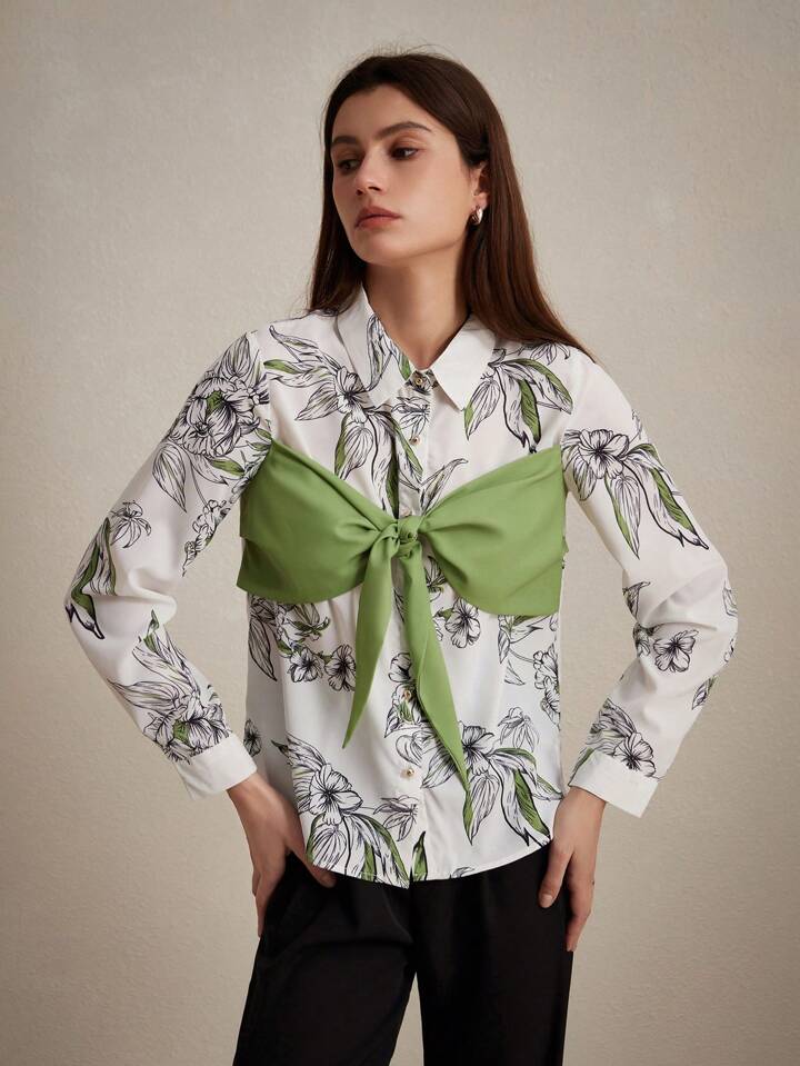 CM-TS881728 Women Casual Seoul Style Random Printed Bow-Tie Long Sleeve Shirt
